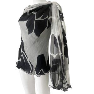 Shawn Ray Fons Long Sleeve Silk Top with Draped Arm Detail Black Cream